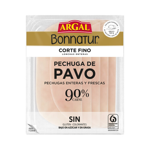 Pechuga de pavo cortada en lonchas finas y enteras BONNATUR de Argal 130 g.