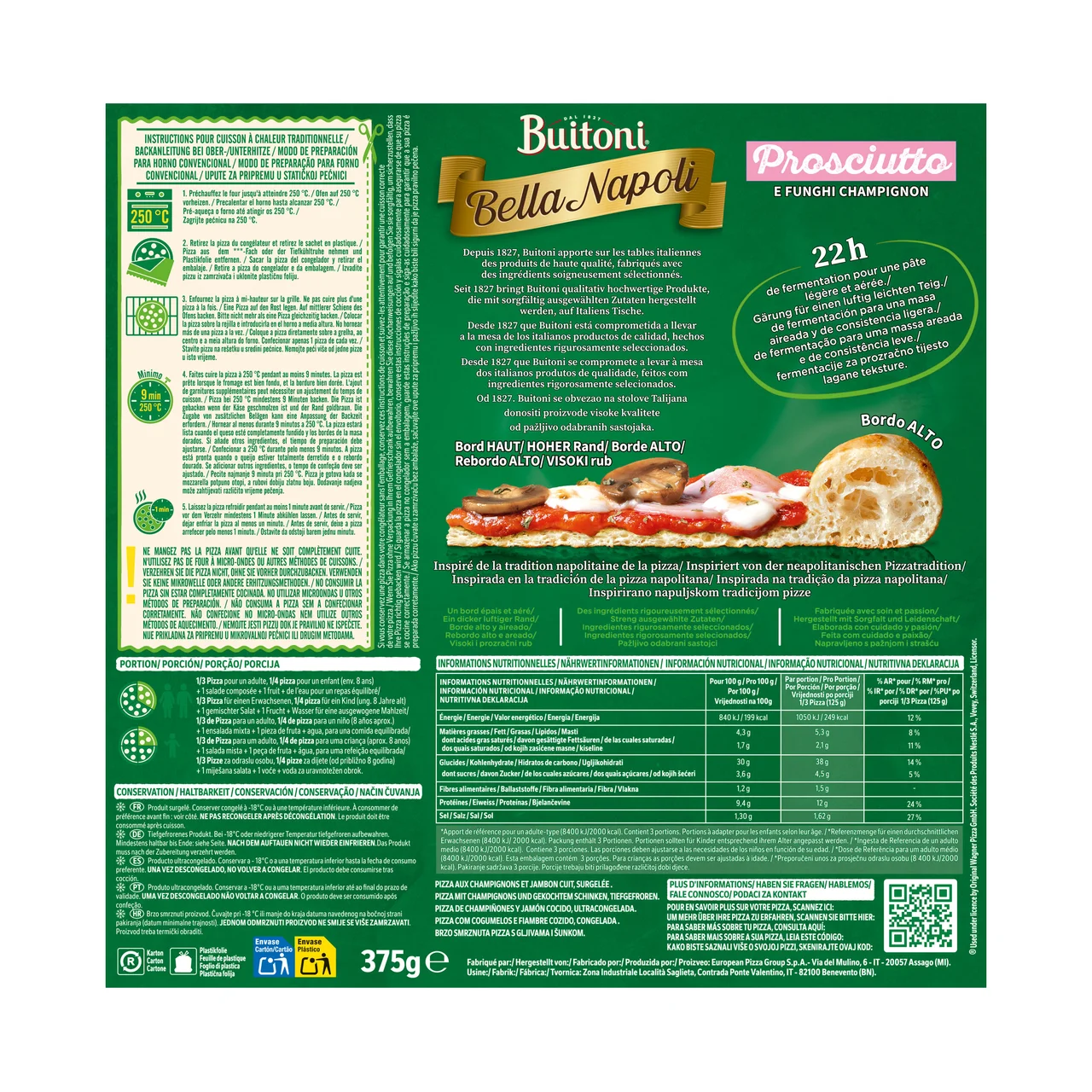 Bella napoli Pizza de jamón y champiñon con masa gruesa 375 g.
