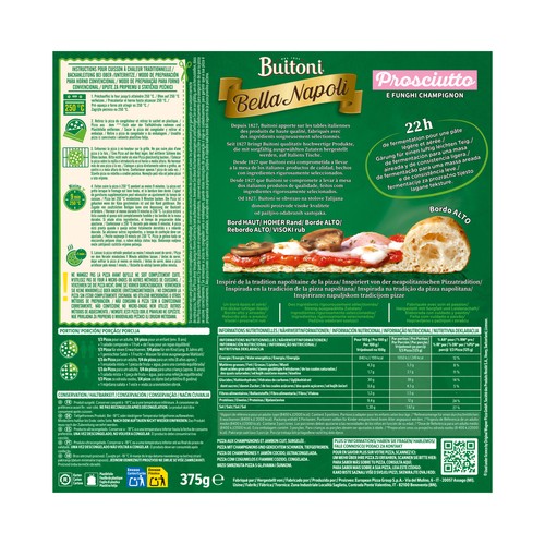 BUITONI Bella napoli Pizza de jamón y champiñon con masa gruesa 375 g.