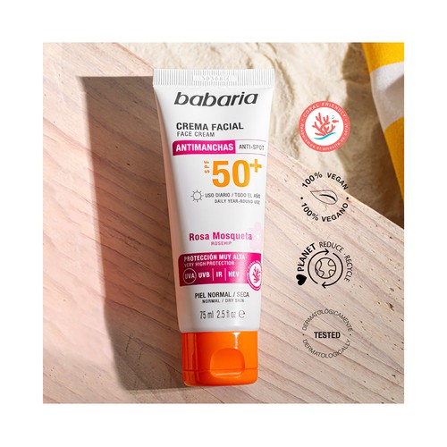 BABARIA Protector solar facial, anti manchas y anti arrugas con FPS 50+ (muy alto) 75 ml.