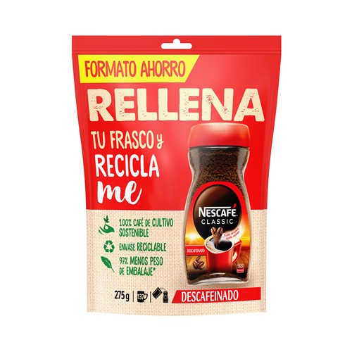 NESCAFE Rellena Pack de café descafeinado para rellenar frascos y reciclar 275 g.