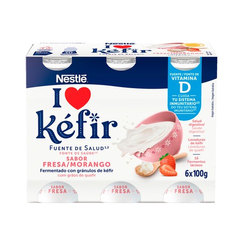 NESTLÉ Kefir líquido sabor a fresa, elaborado con fermentos lácteos y levaduras 6 x 100 g.