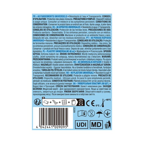 PRODUCTO ALCAMPO Apósitos plásticos multiusos, transparentes y resistentes al agua, 6 tamaños diferentes 40 uds.