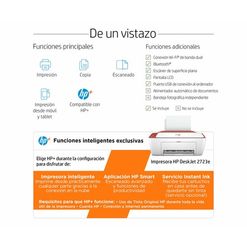 Impresora multifunción HP DeskJet 2723e 26K70B, WiFi, USB, color, 6 meses de impresión Instant Ink con HP+, HP Smart App.
