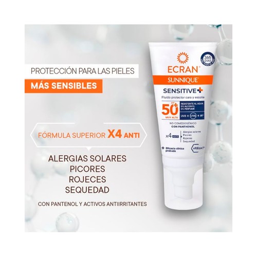 ECRAN Sunnique sensitive+ Protector solar para cara y escote con FPS 50+ (muy alto) 50 ml.