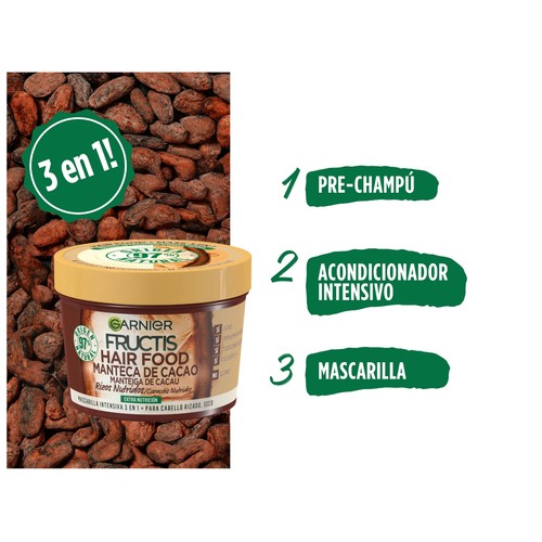 FRUCTIS Hair food de Garnier Mascarilla extra nutritiva con manteca de cacao, para cabello rizado, seco 390 ml.
