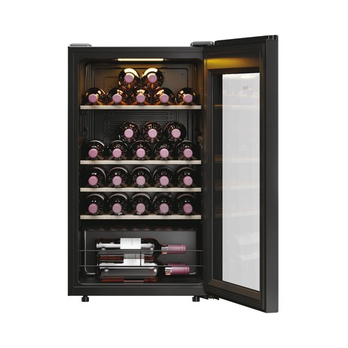 Vinoteca HAIER HWS34GGH1, color negro, 34 botellas, eficiencia energética: G, H: 85cm, A: 47,5cm, F: 45,6cm.