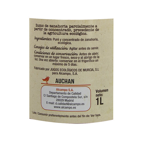 ALCAMPO ECOLÓGICO Zumo de zanahoria ALCAMPO ECOLÓGICO 1 l.