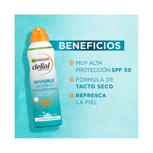 DELIAL UV water de Garnier Bruma solar en spray, con acción protectora y refrescante y FPS 50 (muy alto)  200 ml.