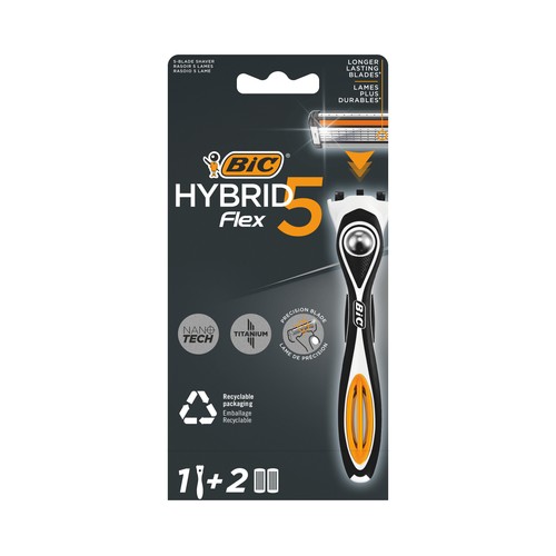 BIC Máquina de afeitar con cabezal basculante de 5 hojas moviles de titanio + 2 recambios BIC Hybrid 5 flex.