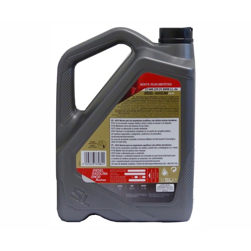 Aceite sintético para vehículos con motores gasolina o diésel PRODUCTO ALCAMPO, 5 litros.