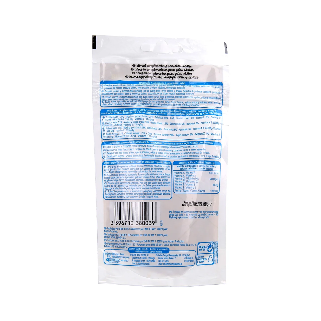 PRODUCTO ALCAMPO Snacks para gatos adultos a base de pollo ADULT 60 g.