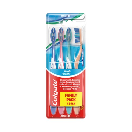 COLGATE Triple action Cepillo de dientes medio, que ayuda a eliminar manchas y bacterias bucales 4 uds.