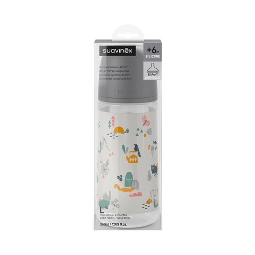 SUAVINEX Biberón de 360 ml., con tetina fisiológica SX Pro de flujo medio, a partir de 6 meses.