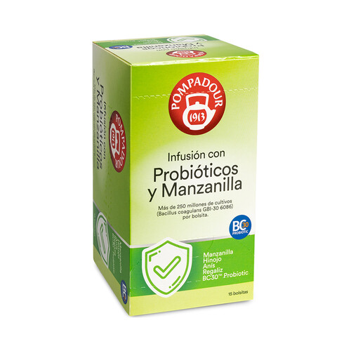 Infusión con probióticos y manzanilla POMPADOUR 15 bolsitas 26 g.