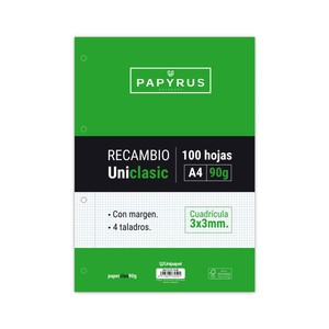 Imagen de Recambio de 100 hojas tamaño A4, 4 taladros, 90gr, rayado cuadrícula 3x3 con margen, UNIPAPEL.