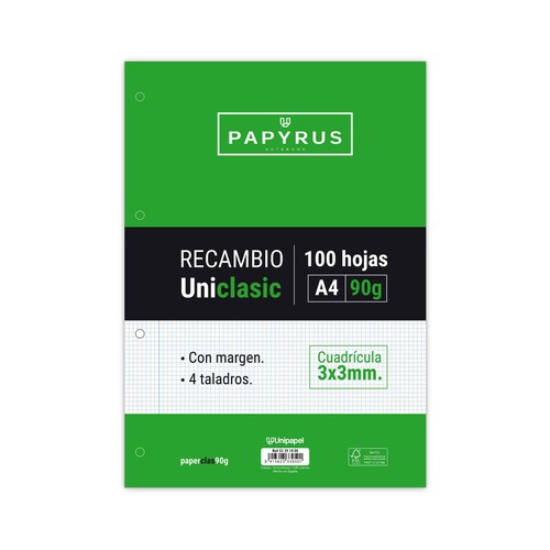 Recambio de 100 hojas tamaño A4, 4 taladros, 90gr, rayado cuadrícula 3x3 con margen, UNIPAPEL.