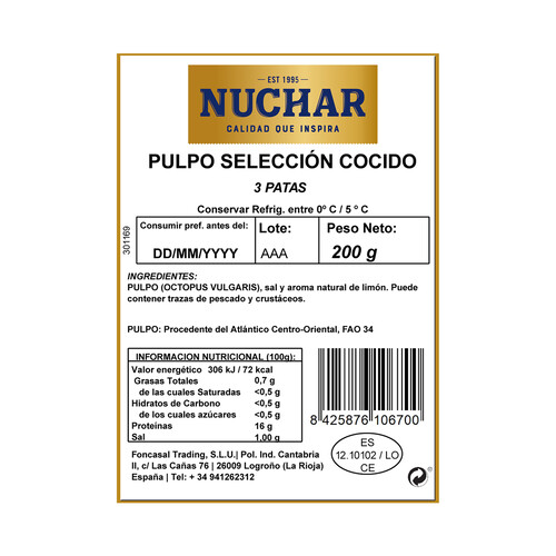 NUCHAR Pulpo cocido 3 patas NUCHAR Selección 200 g.