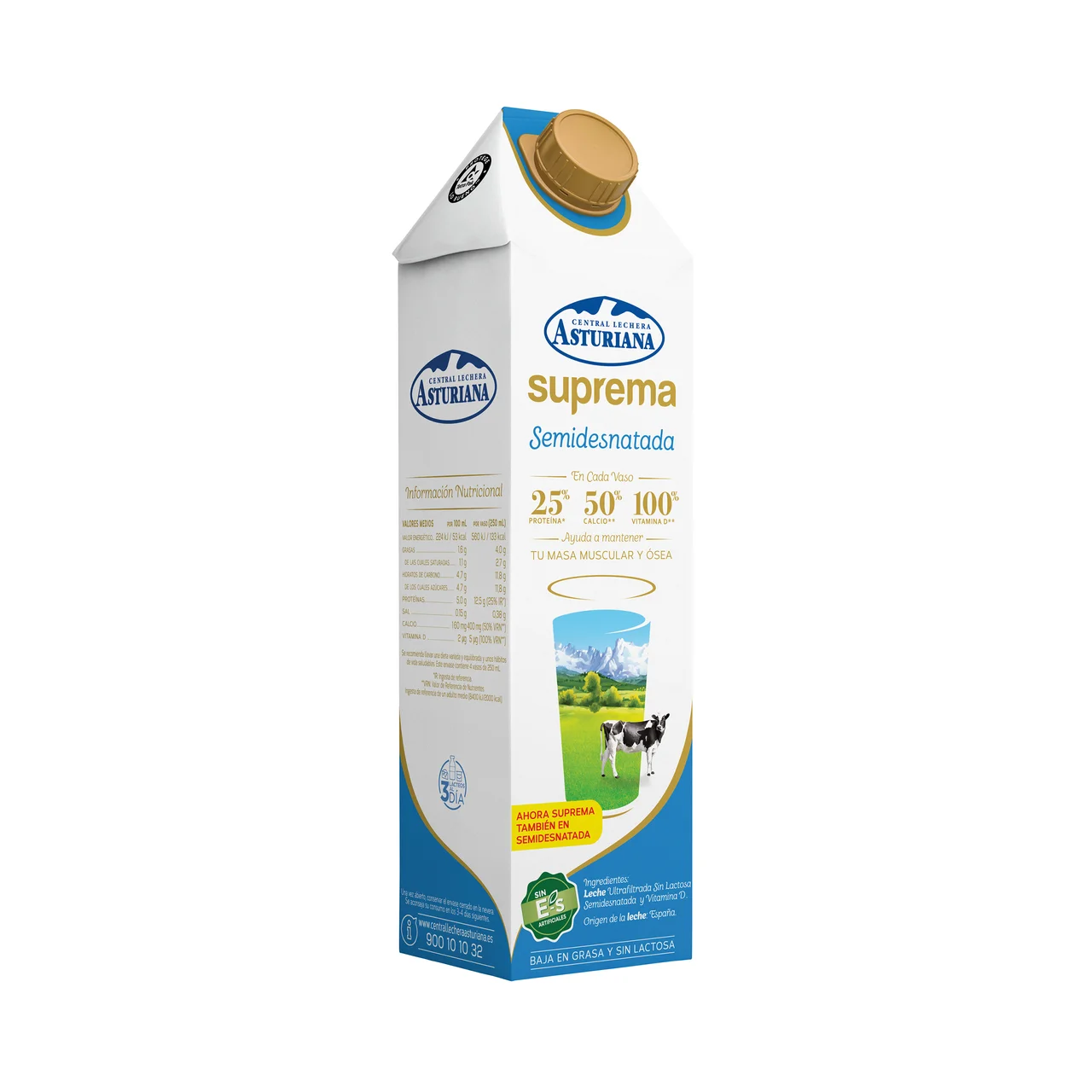 Leche semidesnatada de vaca, ultrafiltrada y sin lactosa Suprema 1 l.