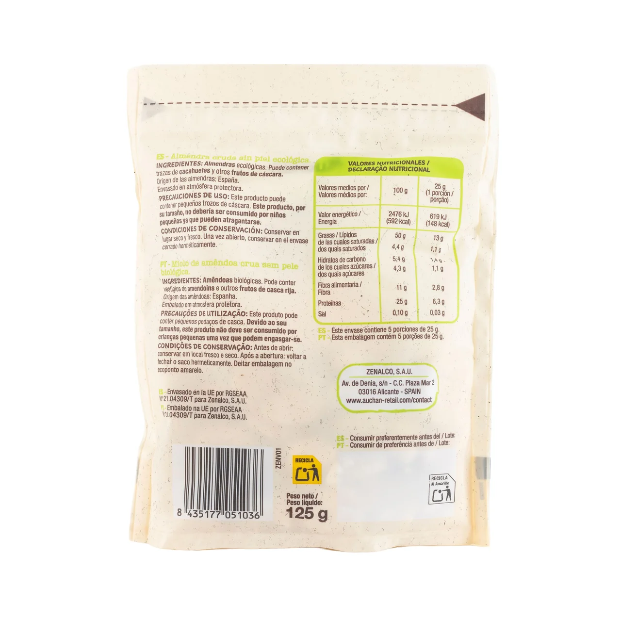 PRODUCTO ALCAMPO Bio Almendras crudas sin piel ecológicas 125 g.