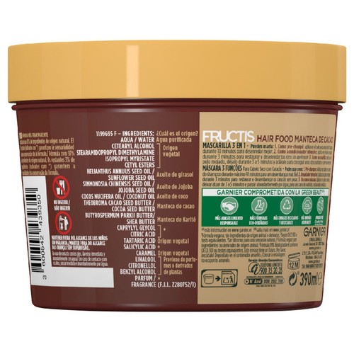 FRUCTIS Hair food de Garnier Mascarilla extra nutritiva con manteca de cacao, para cabello rizado, seco 390 ml.