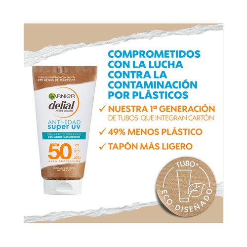 DELIAL Protector solar facial anti-edad con ácido Hialurónico y FPS 50 (muy ato) 50 ml.