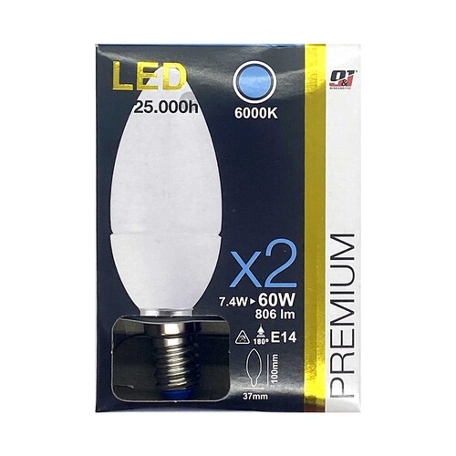 Pack de 2 bombillas Led E14, 7,4W=60W, luz fría 6000K, 806lm, SEVENON.