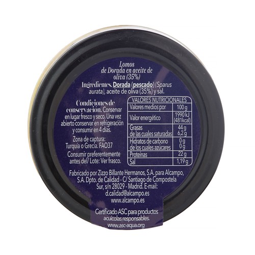 PRODUCTO ALCAMPO Collection Lomos de dorada ASC en aceite de oliva tarro 130 g.