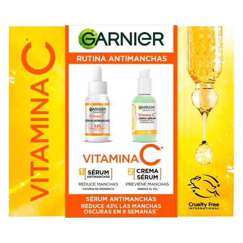 GARNIER Vitamina C Sérum antimanchas (30 ml) + Crema sérum iluminadora y antimanchas (50 ml).