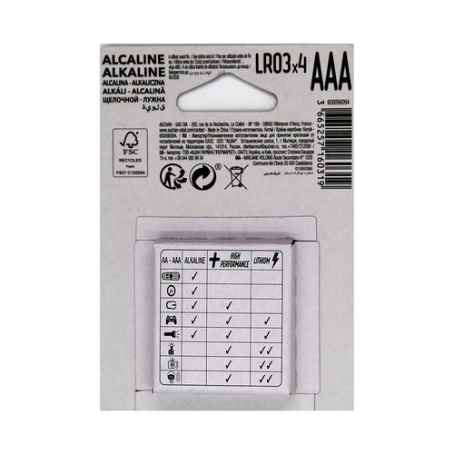 Pack de 4 pilas alcalinas AAA, LR03, 1,5V, PRODUCTO ALCAMPO.