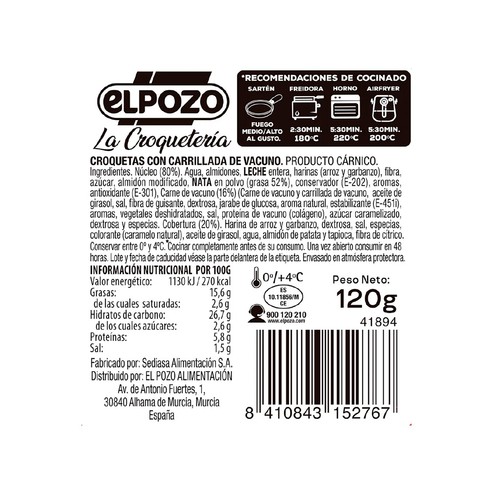 EL POZO La Croquetería Croquetas de carrillada de vacuno 120 g.