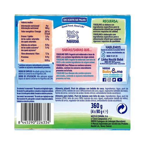 YOGOLINO Postre 100% vegetal con coco y plátano, adapatado para bebés a partir de 6 meses YOGOLINO de Nestlé 4 x 90 g.