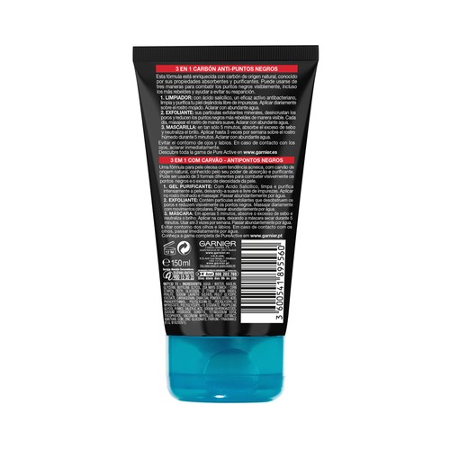 GARNIER Gel facial limpiador y exfoliante con carbón 3 en 1 GARNIER Skin active pure active 50 ml.
