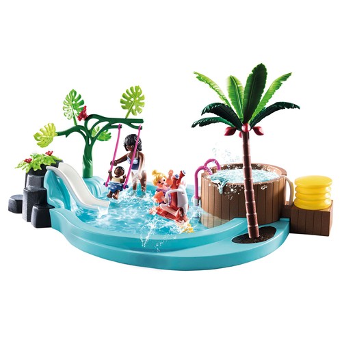 Conjunto de juego Piscina infantil con bañera hidromasaje, con accesorios y 3 figuras, 42 piezas, PLAYMOBIL FAMILY FUN 70611.