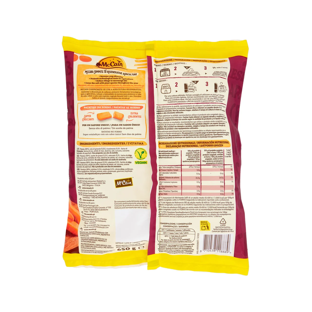 McCAIN Patatas con corte rústico, prefritas y ultracongeladas, para hacer al horno Forno country 650 g.