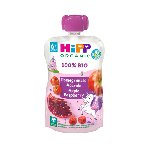 HIPP Organic Bolsita de fruta ecológica (manzana, frambuesa y granada) a partir de 6 meses 100 g.