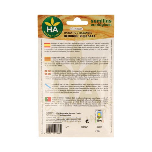 Semillas ecológicas para sembrar rabanitos de la variedad redondo rojo Saxa HA-HUERTO Y JARDÍN 2.78 gramos.