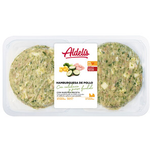 Imagen de Bandeja con hamburguesa de pollo con calabacín, espinacas y queso fundido ALDELÍS 4 x 80 g.