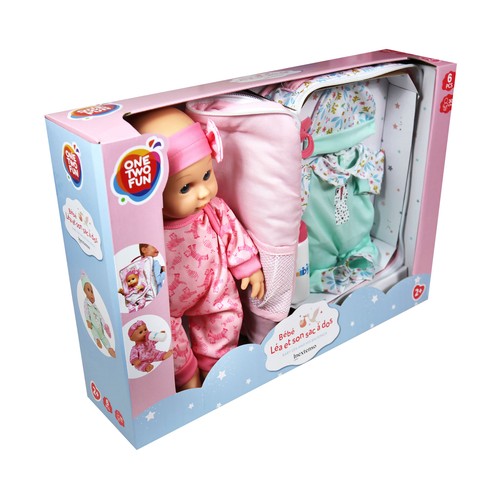 Muñeco Bebé con mochila portabebés y vestido extra 30cm, 6 piezas, modelos surtidos +2 Años ONE, TWO FUN