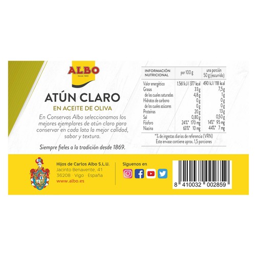 ALBO Atún claro en aceite de oliva lata de 82 g.