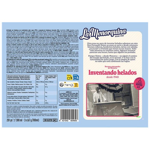 LA MENORQUINA Helado de frambuesa recubierto de yogur 3 x 100 ml.