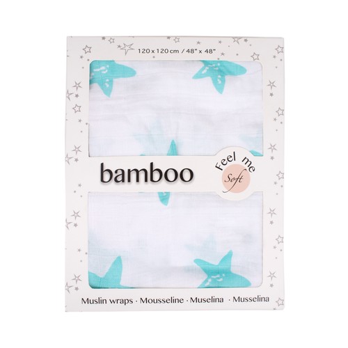 Muselina de 120x120cm, color blanco y turquesa, bambú, INTERBABY.