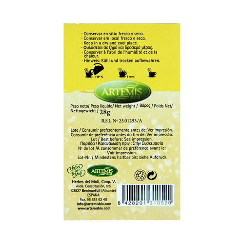 ARTEMIS BIO Manzanilla con anis infusión procedente de agricultura ecológica ARTEMIS BIO 20 bolsitas 28 g.