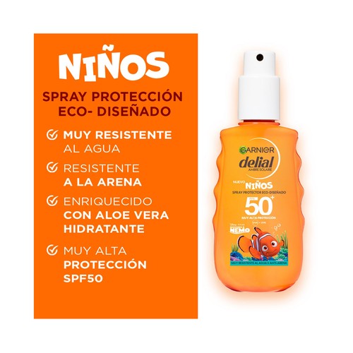 DELIAL de Garnier Protector solar en spray, especial para niños con factor protección 50+ ( muy alta) 150 ml.