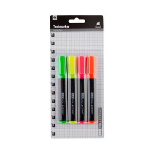 Imagen de 4 marcadores fluorescentes. Subrayadores colores verde, amarillo, naranja, rojo.