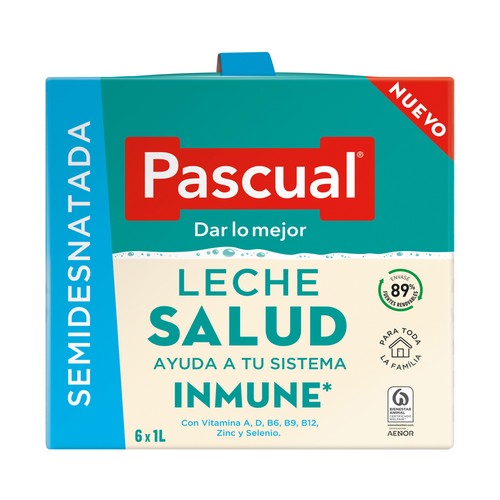 PASCUAL Leche semidesnatada de vaca, con vitaminas A, D, B6, B9 y B12, Zinc y Selenio PASCUAL Inmune 6 x 1 l.