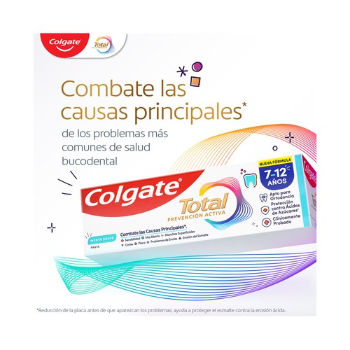 COLGATE Total prevención activa Pasta de dientes para niños de 7 a 12 años, con sabor a menta suave 50 ml.