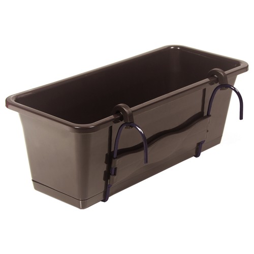 Kit de balconera con plato de 50cm, camelia choco. Macetero para terraza color oscuro. PROSPERPLAST.