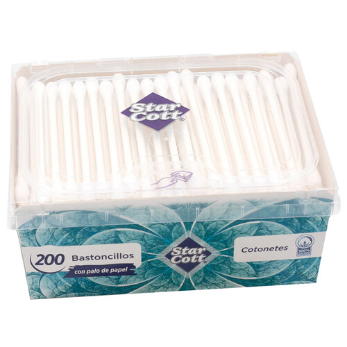 STAR COTT Bastoncillos higiénicos de algodón 100% con palo de papel STAR COTT 200 uds.
