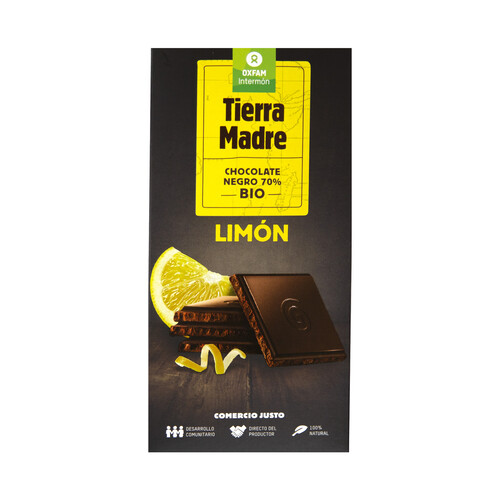 Chocolate negro, 70 % cacao con limón, ecológico INTERMÓN OXFAM TIERRA MADRE 100 g.